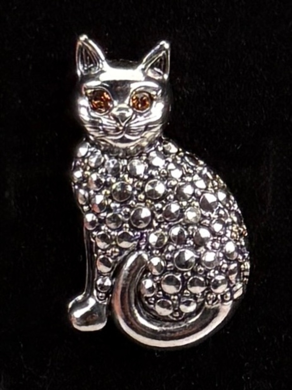 Vintage Silver Tone Cat Brooch Amber Eyes Textured Estate Pin